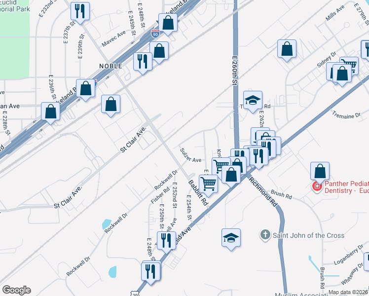 map of restaurants, bars, coffee shops, grocery stores, and more near 1450 Sulzer Avenue in Euclid