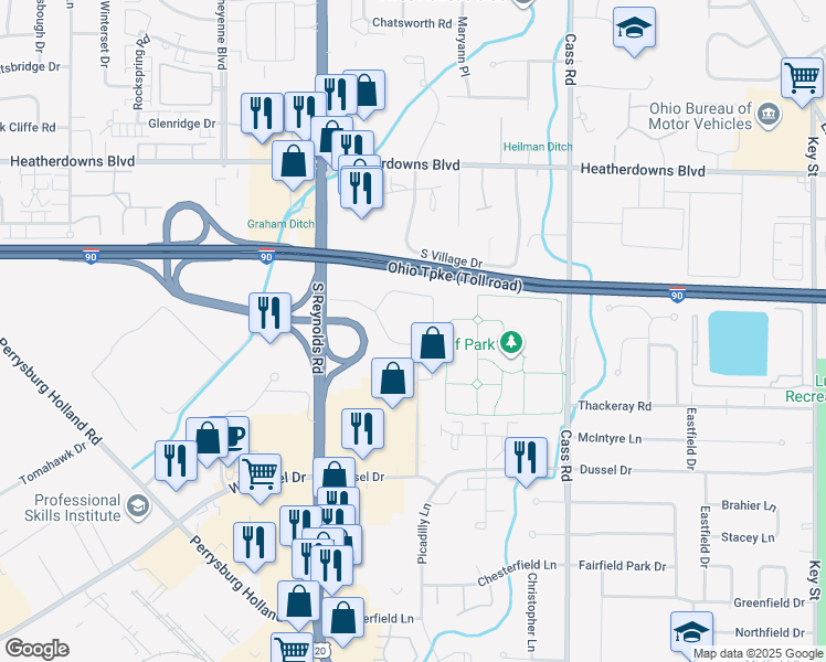 map of restaurants, bars, coffee shops, grocery stores, and more near 1520 Market Place Drive in Maumee