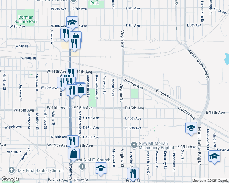 map of restaurants, bars, coffee shops, grocery stores, and more near 1400 Maryland St in Gary