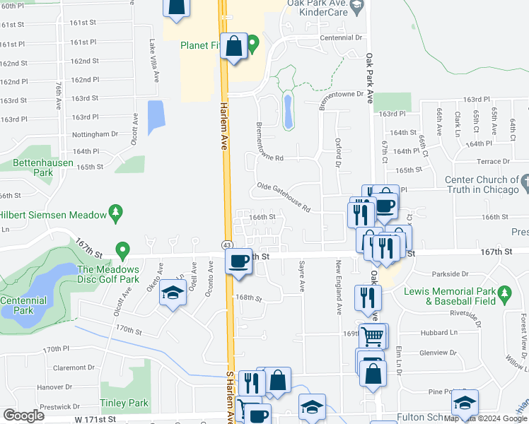 map of restaurants, bars, coffee shops, grocery stores, and more near 7140 Lavergne Avenue in Tinley Park