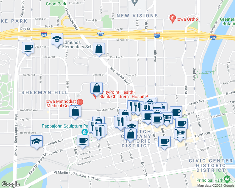 map of restaurants, bars, coffee shops, grocery stores, and more near 1001 Pleasant Street in Des Moines
