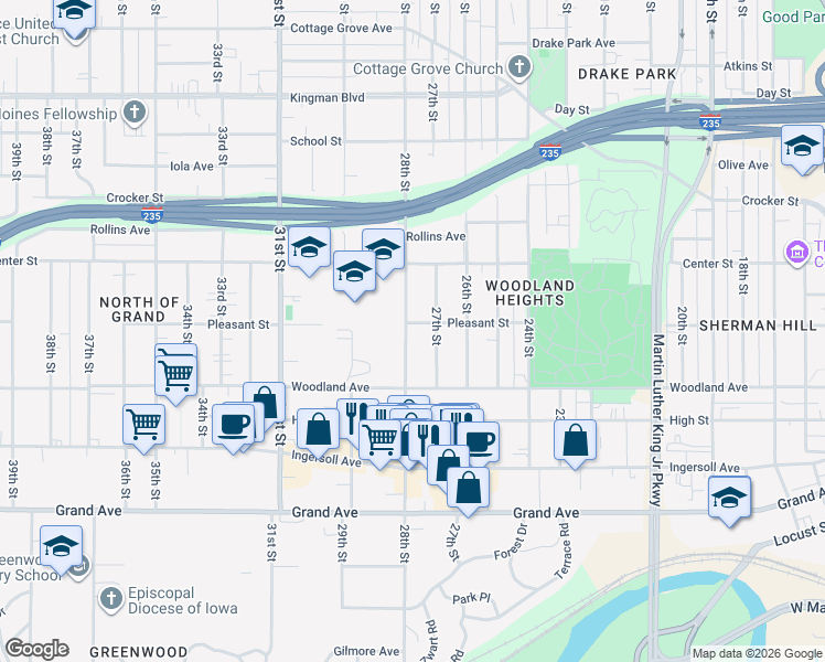 map of restaurants, bars, coffee shops, grocery stores, and more near 667 28th Street in Des Moines