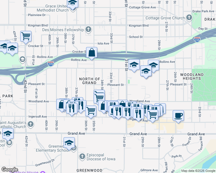 map of restaurants, bars, coffee shops, grocery stores, and more near 665 33rd Street in Des Moines