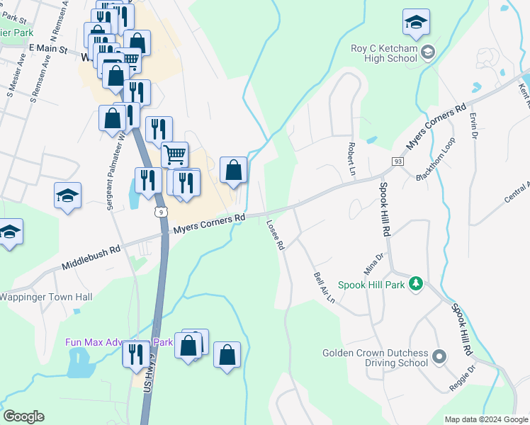 map of restaurants, bars, coffee shops, grocery stores, and more near 121 Beacon Lane in Wappingers Falls