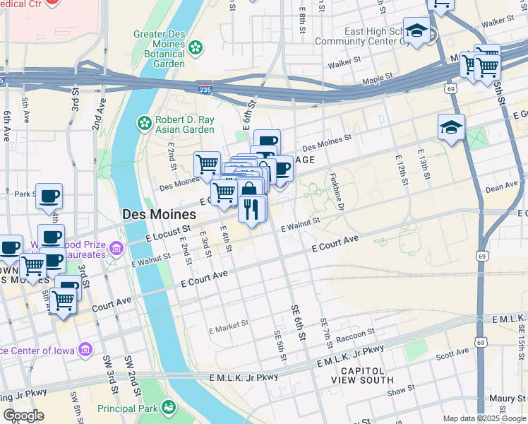 map of restaurants, bars, coffee shops, grocery stores, and more near 309 East 5th Street in Des Moines