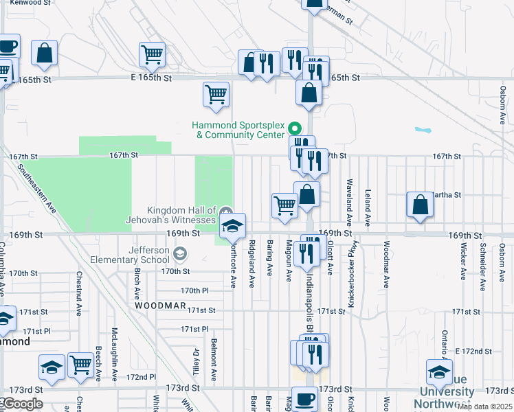 map of restaurants, bars, coffee shops, grocery stores, and more near 6843-6899 Ridgeland Avenue in Hammond