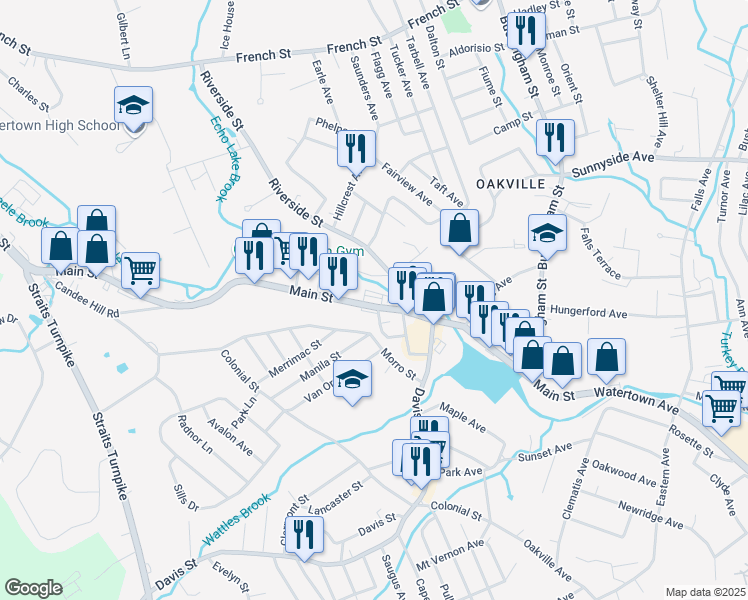 map of restaurants, bars, coffee shops, grocery stores, and more near 517 Main Street in Watertown