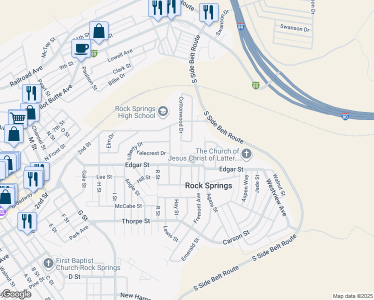 map of restaurants, bars, coffee shops, grocery stores, and more near 1535-1565 Edgar Street in Rock Springs