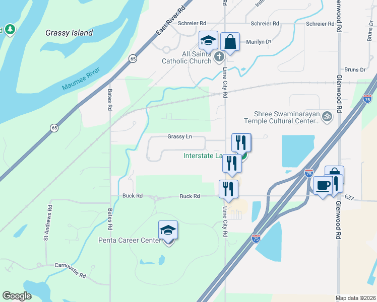 map of restaurants, bars, coffee shops, grocery stores, and more near 1243 Grassy Court in Rossford