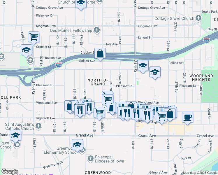 map of restaurants, bars, coffee shops, grocery stores, and more near 718 34th Street in Des Moines