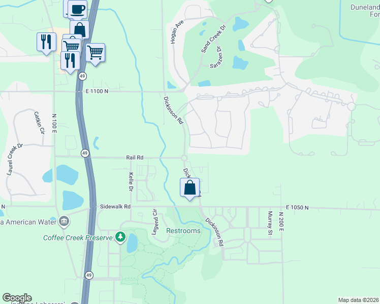 map of restaurants, bars, coffee shops, grocery stores, and more near Kilarney Road in Chesterton