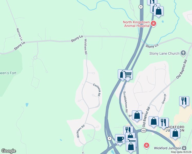 map of restaurants, bars, coffee shops, grocery stores, and more near 28 Queensfort Way in North Kingstown