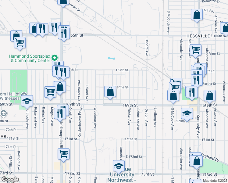 map of restaurants, bars, coffee shops, grocery stores, and more near 6815 Huron Avenue in Hammond