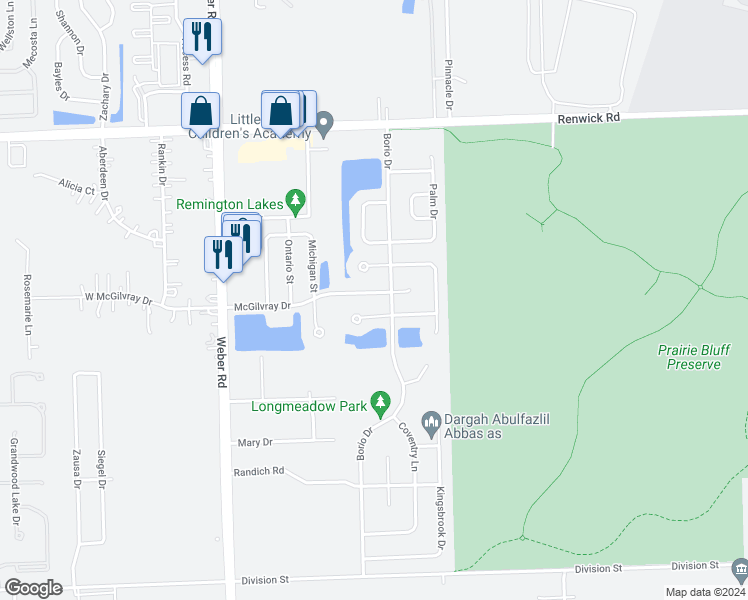 map of restaurants, bars, coffee shops, grocery stores, and more near 20513 McGilvray Drive in Crest Hill