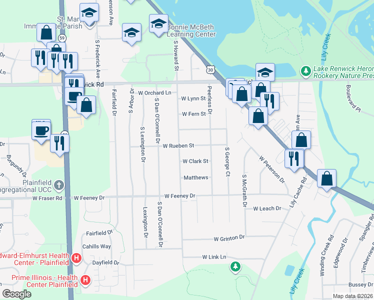 map of restaurants, bars, coffee shops, grocery stores, and more near 23548 West Rueben Street in Plainfield