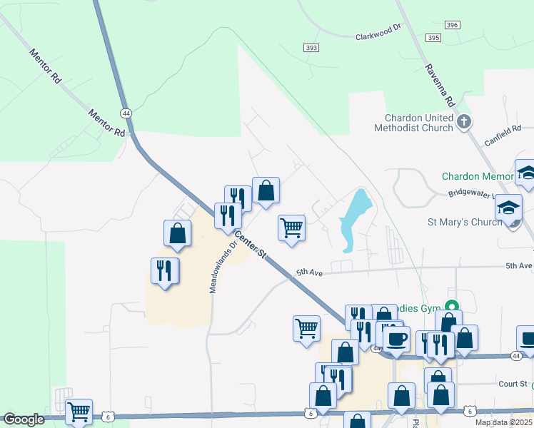 map of restaurants, bars, coffee shops, grocery stores, and more near 150 7th Avenue in Chardon