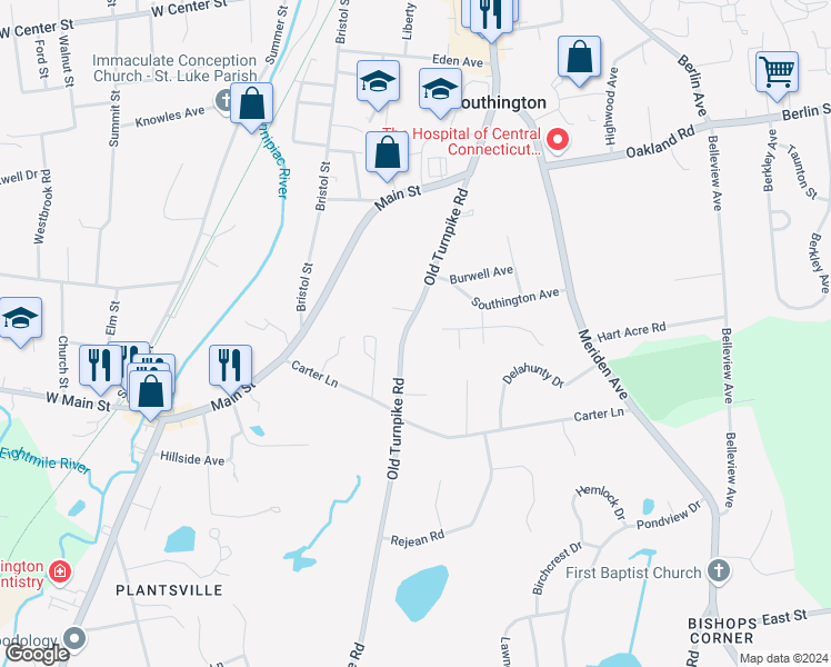 map of restaurants, bars, coffee shops, grocery stores, and more near 147 Old Turnpike Road in Southington