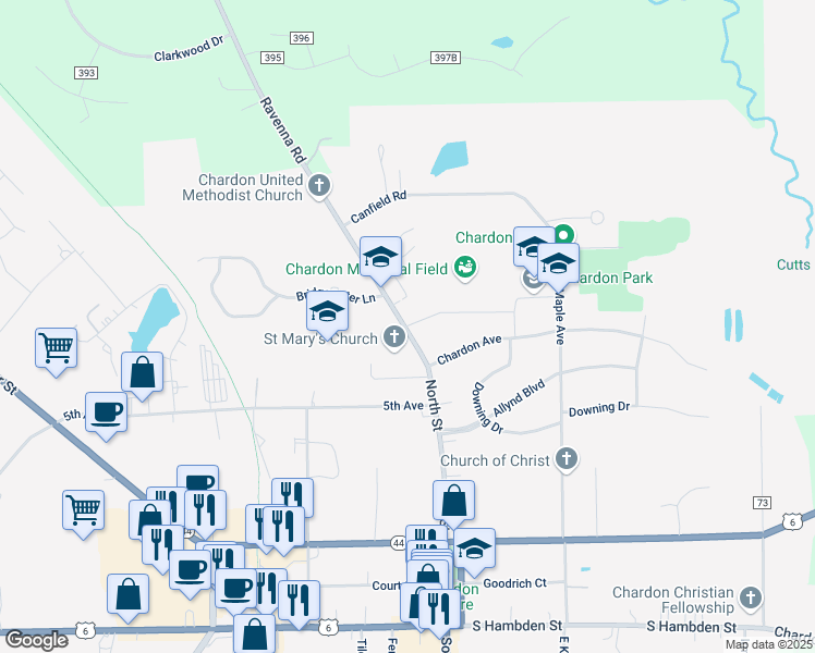 map of restaurants, bars, coffee shops, grocery stores, and more near 421 North Street in Chardon