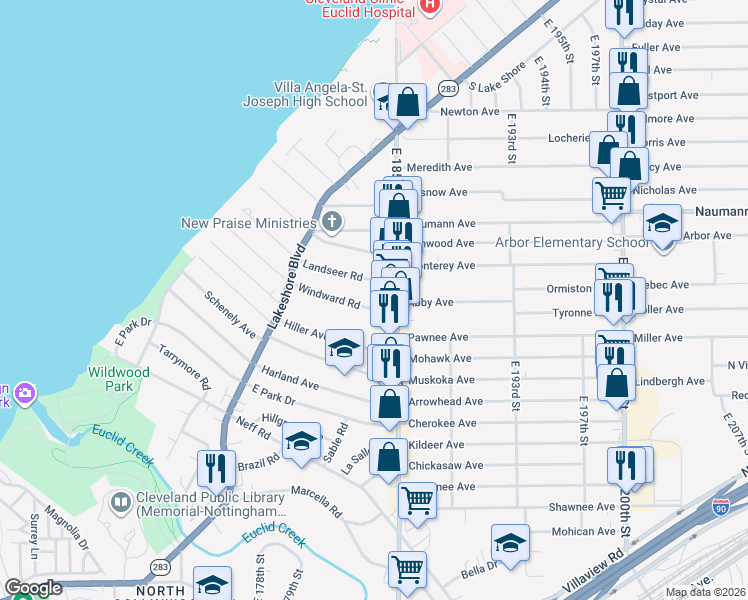 map of restaurants, bars, coffee shops, grocery stores, and more near 18405 Landseer Road in Cleveland