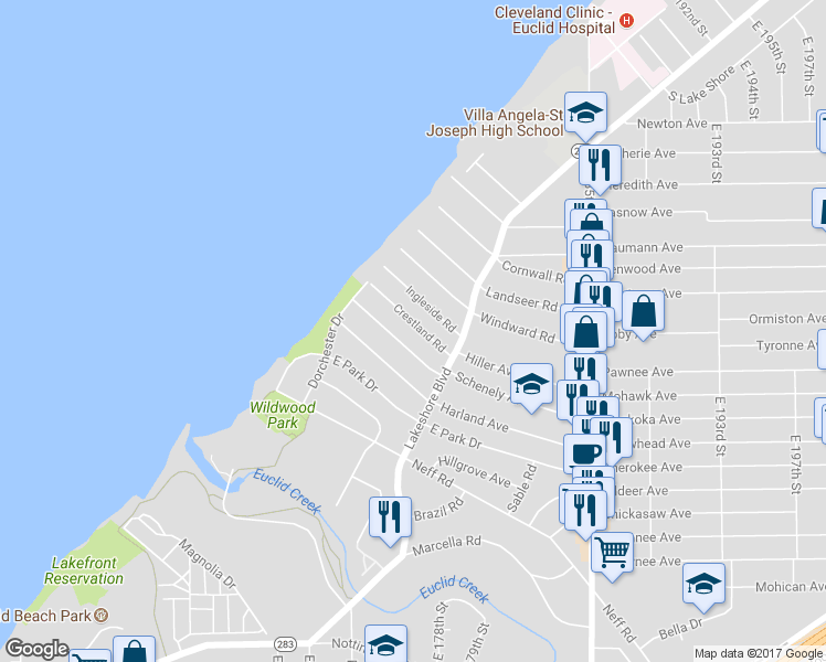 map of restaurants, bars, coffee shops, grocery stores, and more near 17806 Ingleside Road in Cleveland