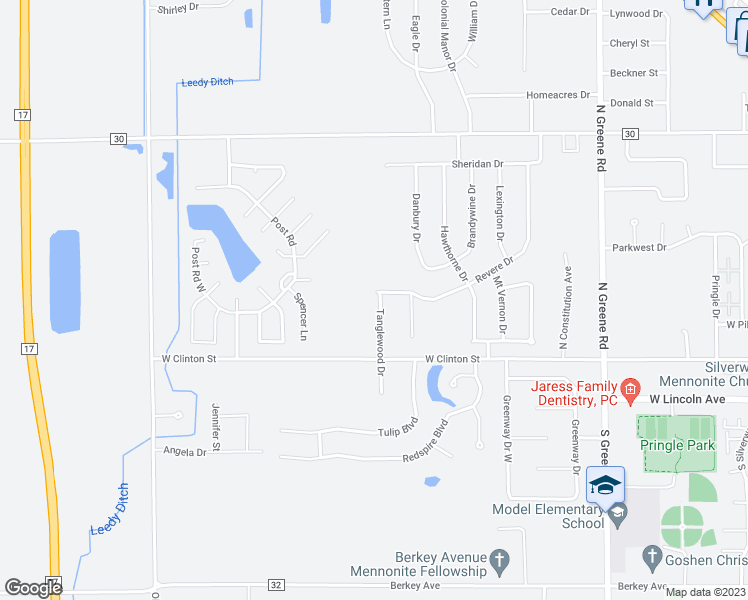 map of restaurants, bars, coffee shops, grocery stores, and more near 223 Tanglewood Drive in Goshen