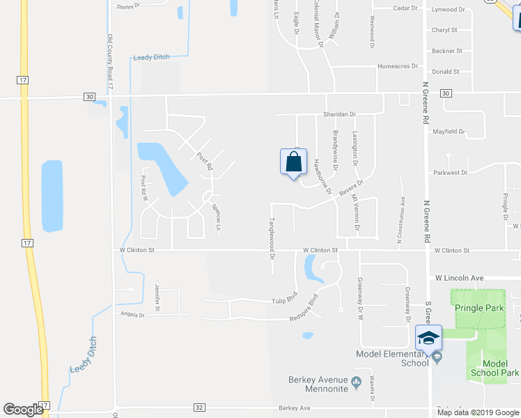map of restaurants, bars, coffee shops, grocery stores, and more near 223 Tanglewood Drive in Goshen