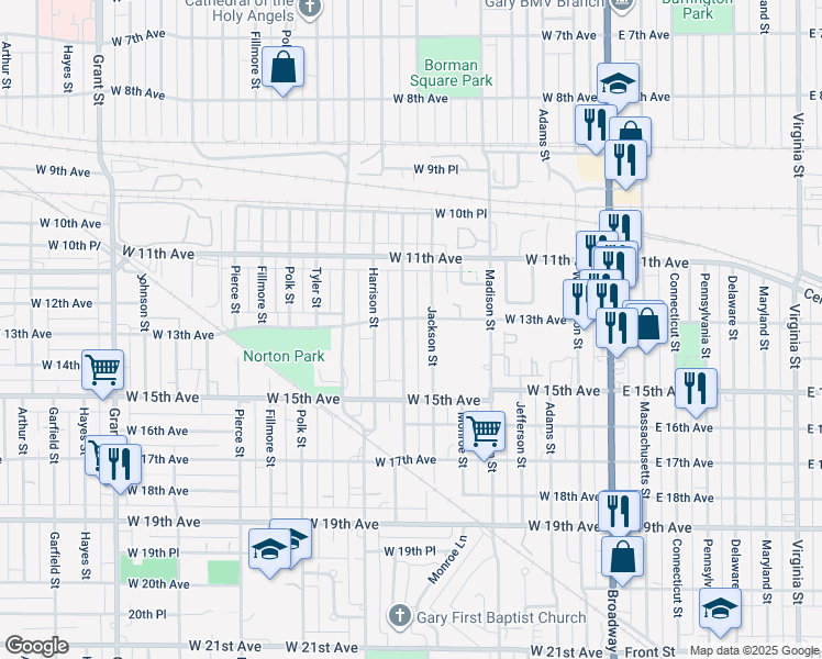 map of restaurants, bars, coffee shops, grocery stores, and more near 1169 Van Buren St in Gary