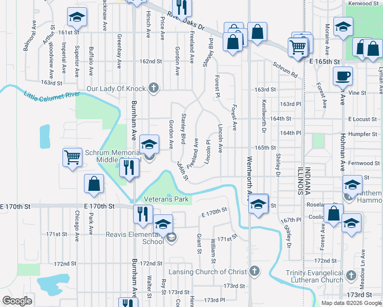 map of restaurants, bars, coffee shops, grocery stores, and more near 1489 Freeland Avenue in Calumet City
