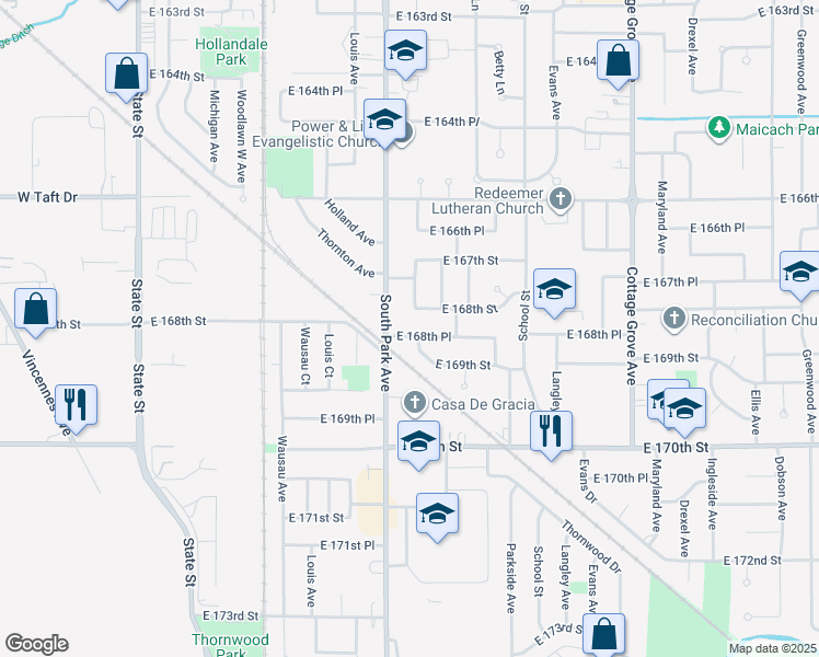 map of restaurants, bars, coffee shops, grocery stores, and more near 16745 Elm Street in South Holland