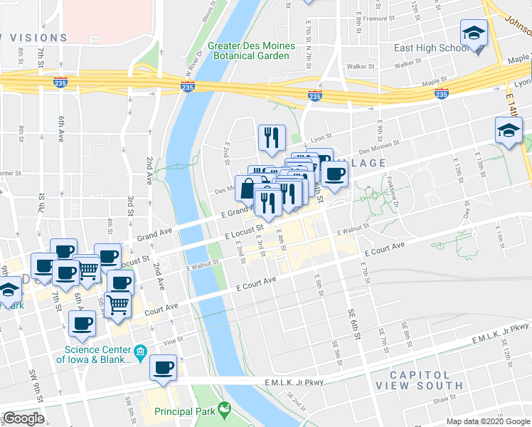 map of restaurants, bars, coffee shops, grocery stores, and more near 300 East Grand Avenue in Des Moines
