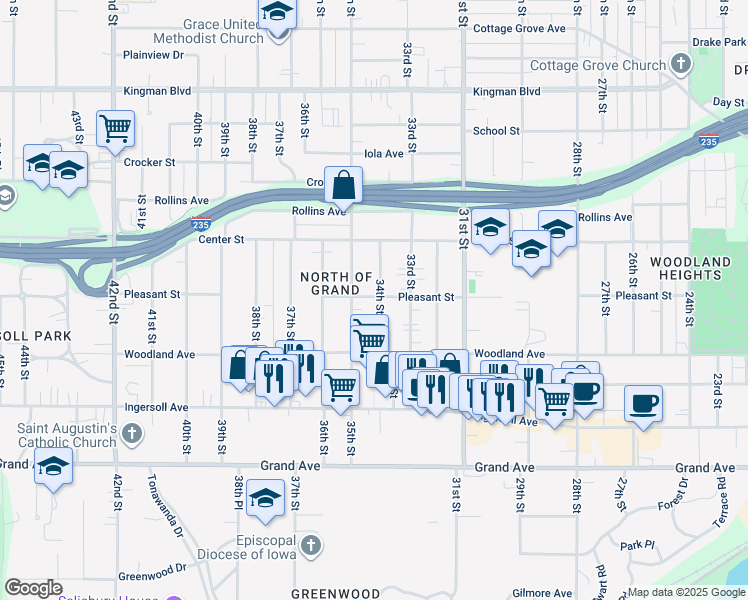map of restaurants, bars, coffee shops, grocery stores, and more near 718 34th Street in Des Moines