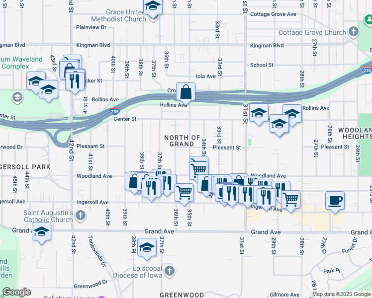 map of restaurants, bars, coffee shops, grocery stores, and more near 712 35th Street in Des Moines