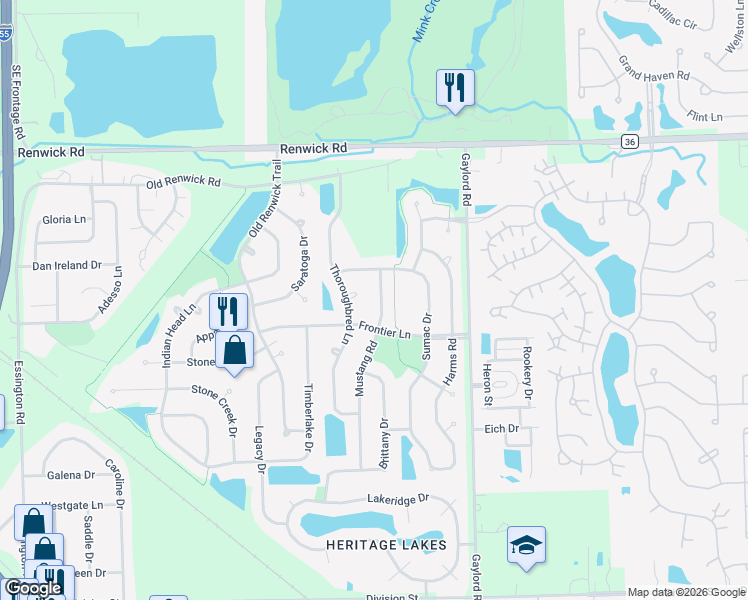 map of restaurants, bars, coffee shops, grocery stores, and more near 3725 Mustang Road in Joliet