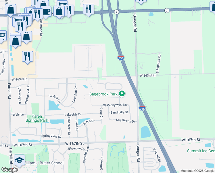 map of restaurants, bars, coffee shops, grocery stores, and more near 16146 West Coneflower Drive in Lockport