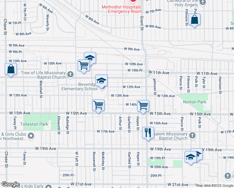 map of restaurants, bars, coffee shops, grocery stores, and more near 1924 West 13th Avenue in Gary