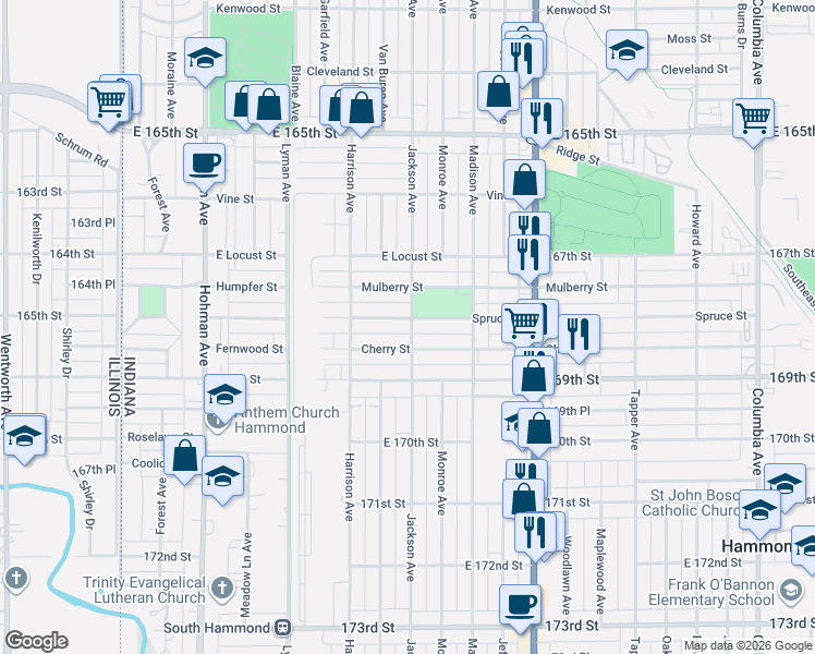 map of restaurants, bars, coffee shops, grocery stores, and more near 550 Mulberry Street in Hammond