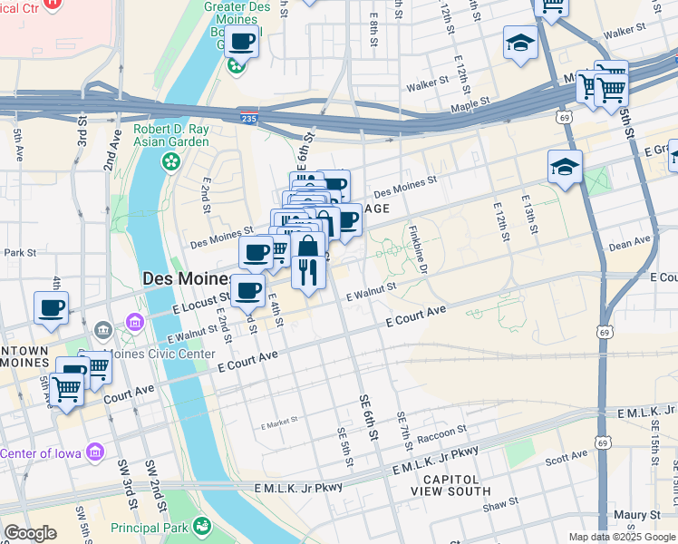 map of restaurants, bars, coffee shops, grocery stores, and more near 600 East Locust Street in Des Moines