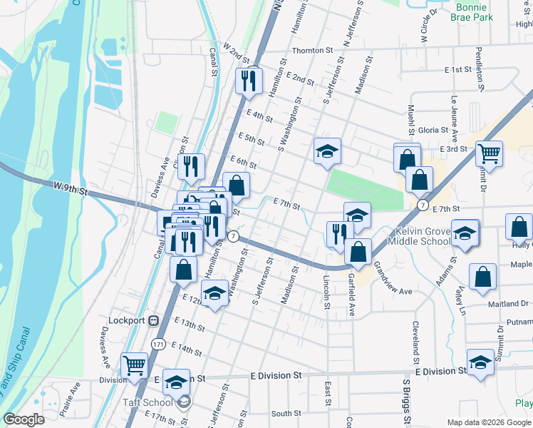 map of restaurants, bars, coffee shops, grocery stores, and more near 306 East 8th Street in Lockport