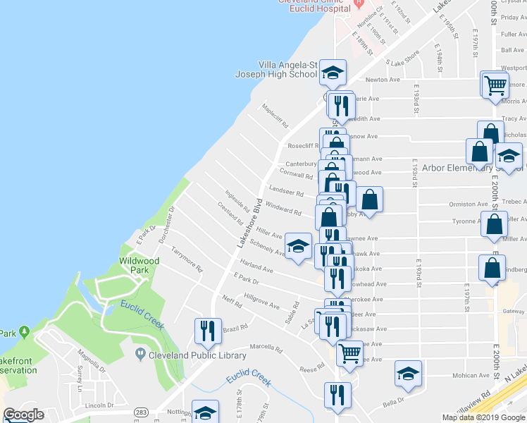 map of restaurants, bars, coffee shops, grocery stores, and more near 18050 Lakeshore Boulevard in Cleveland