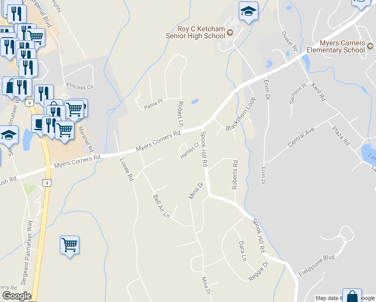 map of restaurants, bars, coffee shops, grocery stores, and more near Hamlet Court in Wappingers Falls