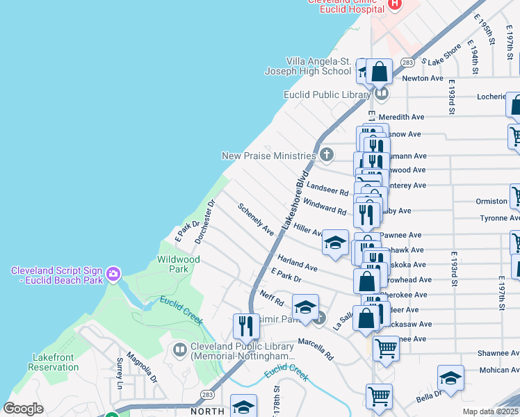 map of restaurants, bars, coffee shops, grocery stores, and more near 17806 Ingleside Road in Cleveland