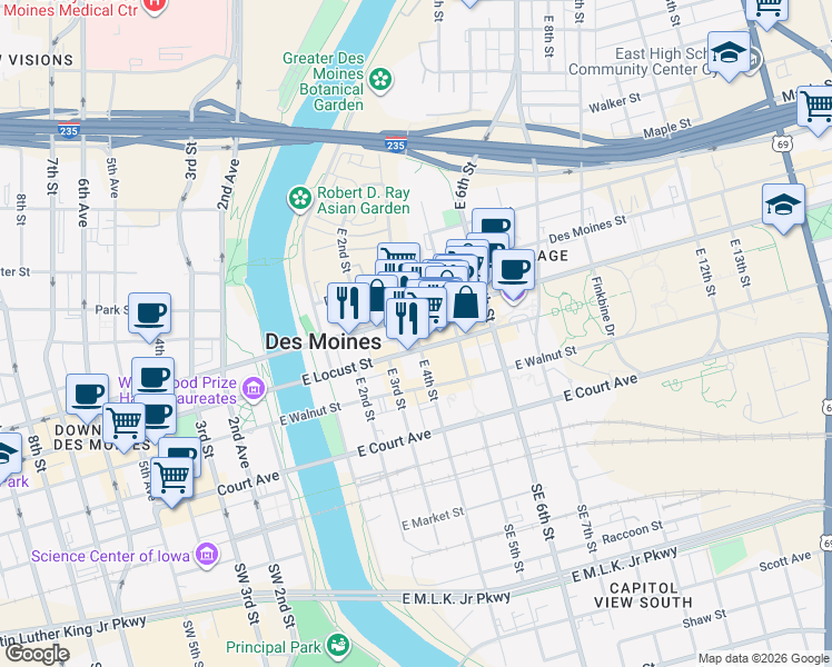 map of restaurants, bars, coffee shops, grocery stores, and more near East 4th Street in Des Moines