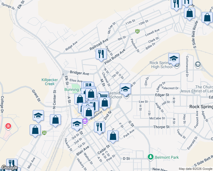 map of restaurants, bars, coffee shops, grocery stores, and more near 208 M St in Rock Springs