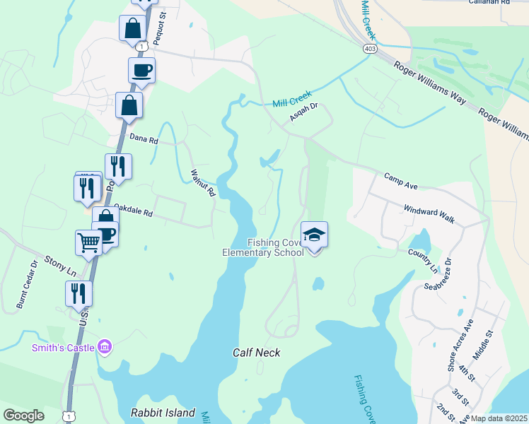 map of restaurants, bars, coffee shops, grocery stores, and more near Grist Mill Road in North Kingstown