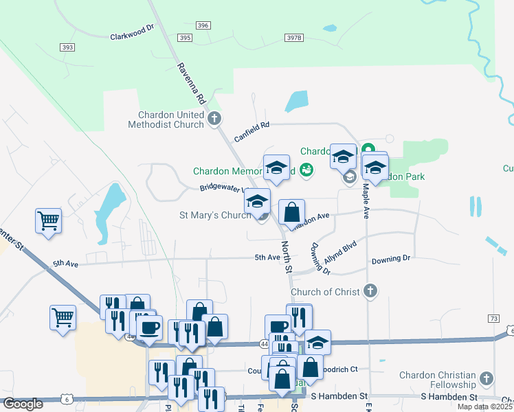 map of restaurants, bars, coffee shops, grocery stores, and more near 421 North Street in Chardon