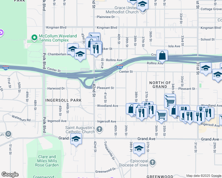 map of restaurants, bars, coffee shops, grocery stores, and more near 4012 Pleasant Street in Des Moines
