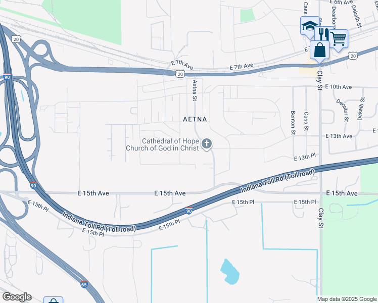 map of restaurants, bars, coffee shops, grocery stores, and more near 1258 Aetna Street in Gary