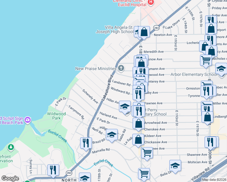 map of restaurants, bars, coffee shops, grocery stores, and more near 18104 Landseer Road in Cleveland