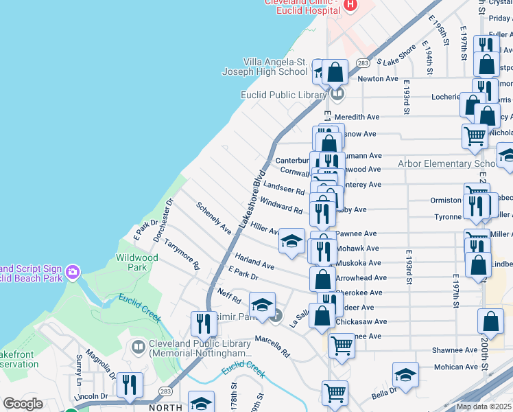 map of restaurants, bars, coffee shops, grocery stores, and more near 17930 Windward Road in Cleveland