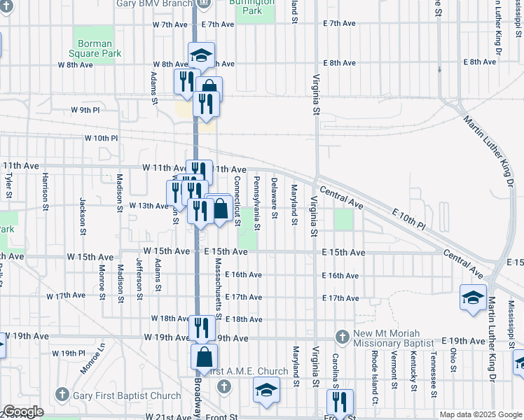map of restaurants, bars, coffee shops, grocery stores, and more near 1155 Pennsylvania Street in Gary